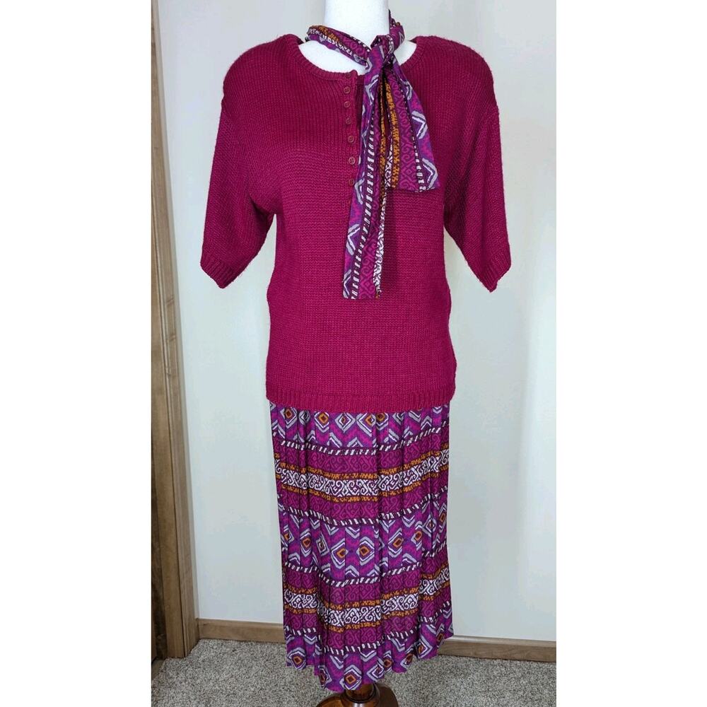 Vintage 3pc Alison J Sweater Skirt Scarf Set Pink Purple Small Petite USA Made